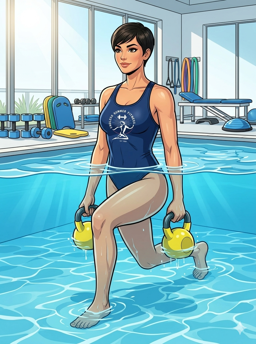 Hybrid Fitness for Chronic Knee Pain: Beginner Solutions. Illustration of the Endless Summer Fitness female coach performing a walking lunge in a physical therapy pool, half her body underwater, wearing a navy blue one‑piece swimsuit with the round ESF logo, holding bright yellow rubber‑coated water kettlebells as she steps forward in clear turquoise water with PT equipment organized in the background.