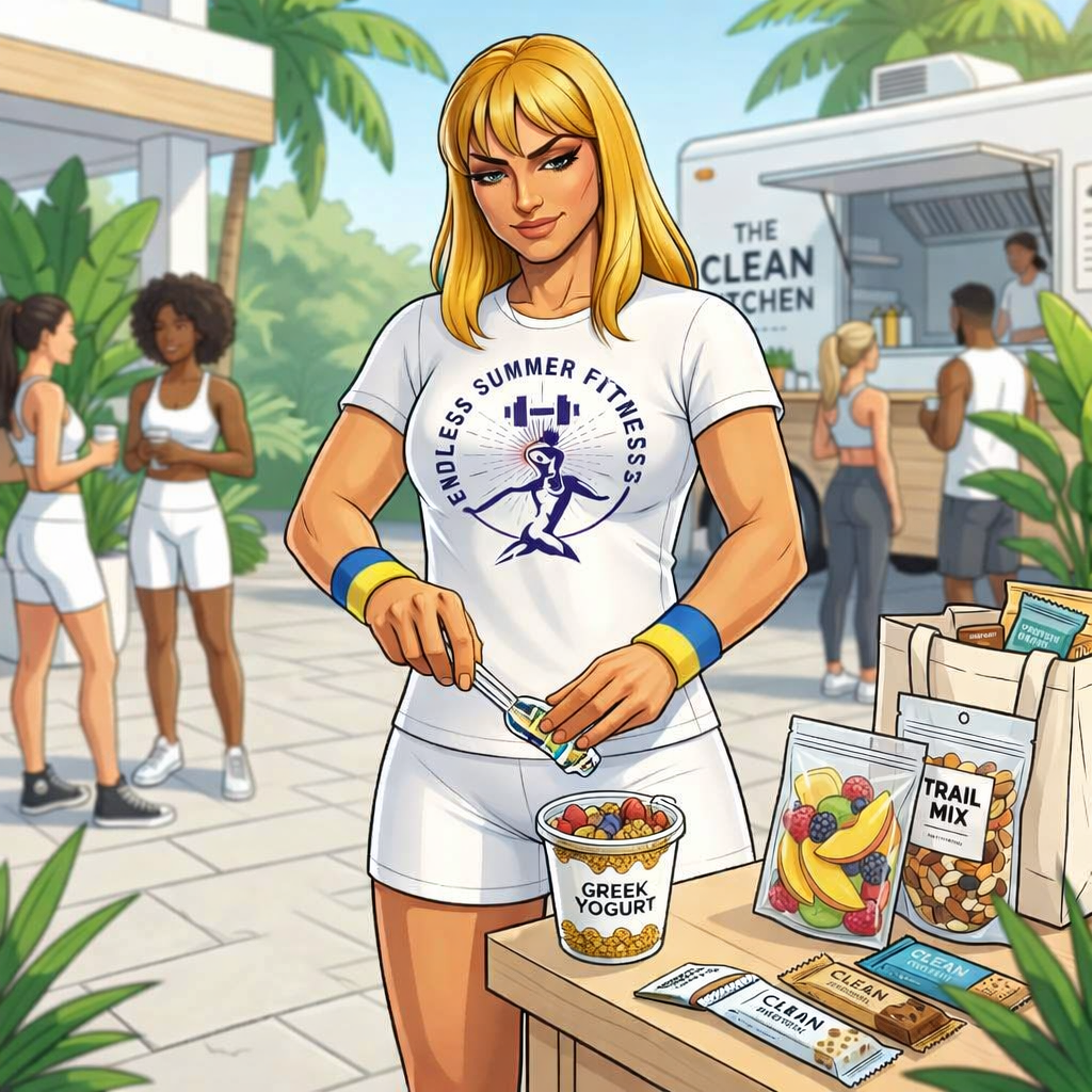 7 Healthy On‑the‑Go Snacks for Hybrid Athletes. Illustrated blonde female fitness coach from Endless Summer Fitness standing outdoors at a tropical wellness event. She prepares a Greek yogurt parfait at a clean wooden table, adding fruit from a small container while holding a clear water bottle. She wears a white Endless Summer Fitness T‑shirt, white leggings, black high‑top sneakers, and blue‑and‑yellow wristbands. Behind her, two women in white workout outfits chat near The Clean Kitchen food truck surrounded by palm trees and bright Miami sunlight.
