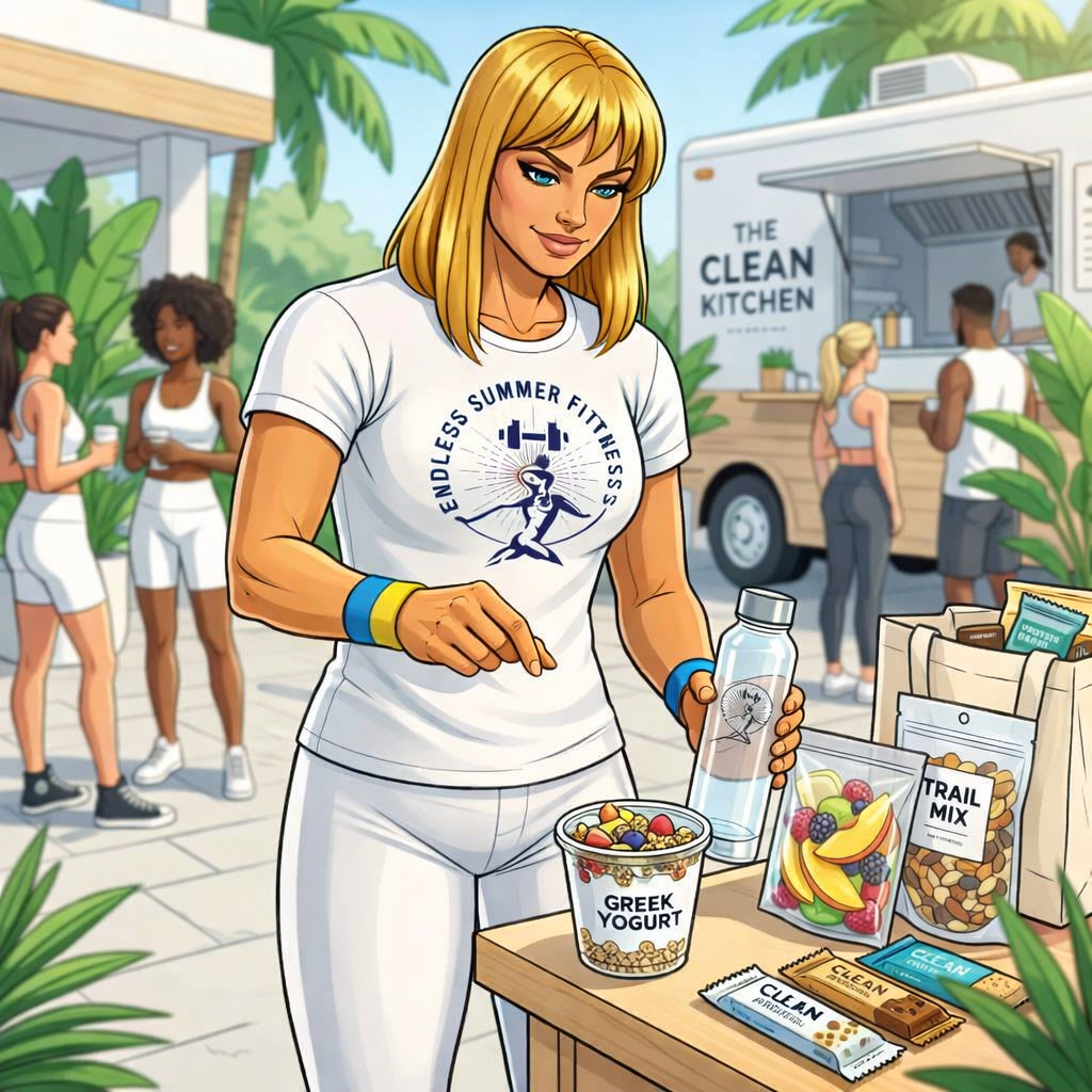 7 Healthy On‑the‑Go Snacks for Hybrid Athletes. Comic‑style illustration of the same blonde female fitness coach from Endless Summer Fitness at a tropical outdoor fitness event. She stands beside a table topping a cup of Greek yogurt with fruit, surrounded by healthy snacks labeled Trail Mix and Clean Protein Bars. She wears a white Endless Summer Fitness shirt, white leggings, black high‑top sneakers, and blue‑and‑yellow wristbands. The Clean Kitchen food truck and palm trees appear in the background under bright Miami daylight.