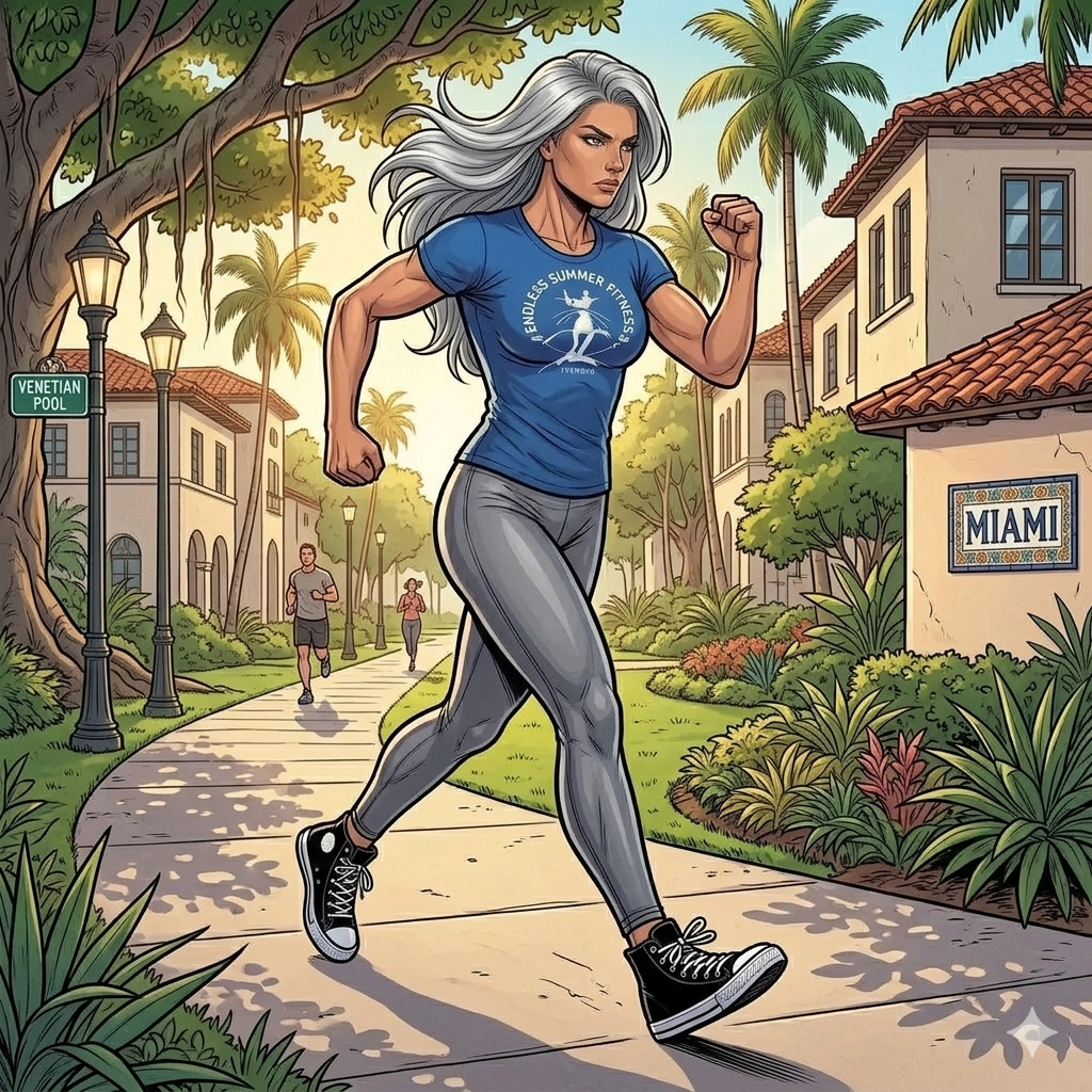Strength Training for Women Over 40: Myths vs Reality. Illustrated older female athlete with long silver hair power walking along a palm‑lined sidewalk in a sunny Miami neighborhood. She wears a blue Endless Summer Fitness T‑shirt, gray leggings, and black sneakers. The scene includes Mediterranean‑style buildings, tropical greenery, and two other joggers in the background near signs reading ‘Venetian Pool’ and ‘Miami,’ evoking an active, vibrant lifestyle.