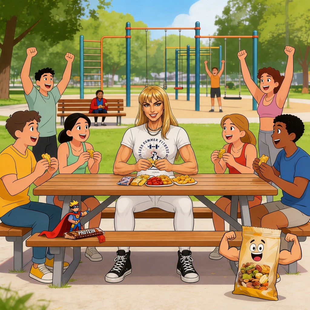 An athlete sharing snacks with children at a picnic table.
