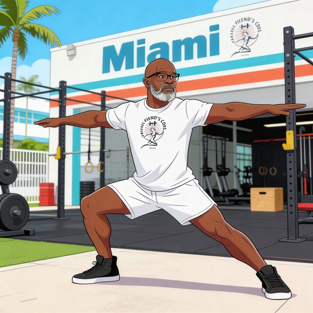 Man performing a standing low-impact lateral reach sweep with controlled movement, showing full-body mobility and conditioning in a bright Miami outdoor setting.