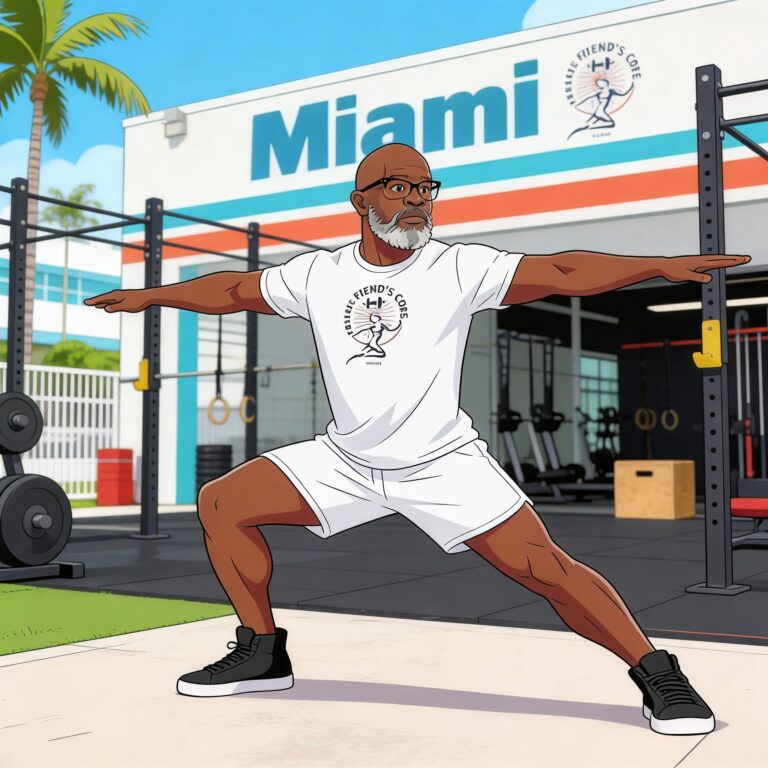 Man performing a standing low-impact lateral reach sweep with controlled movement, showing full-body mobility and conditioning in a bright Miami outdoor setting.
