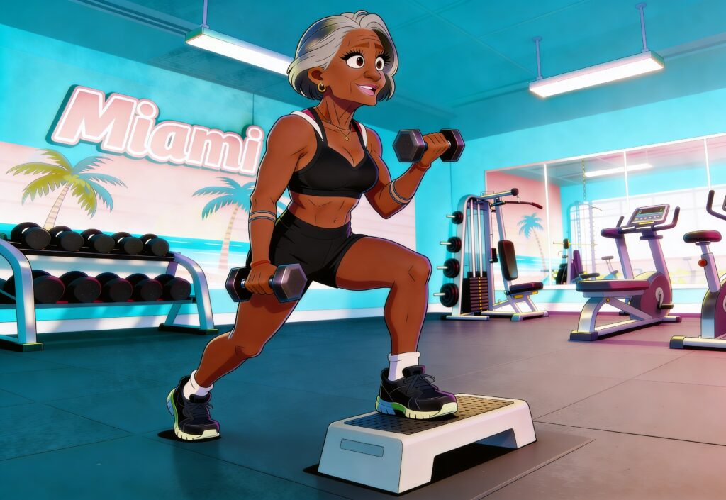 Woman over 40 performing a weighted step‑up with dumbbells in a bright Miami‑themed gym, showcasing strength training and functional movement.