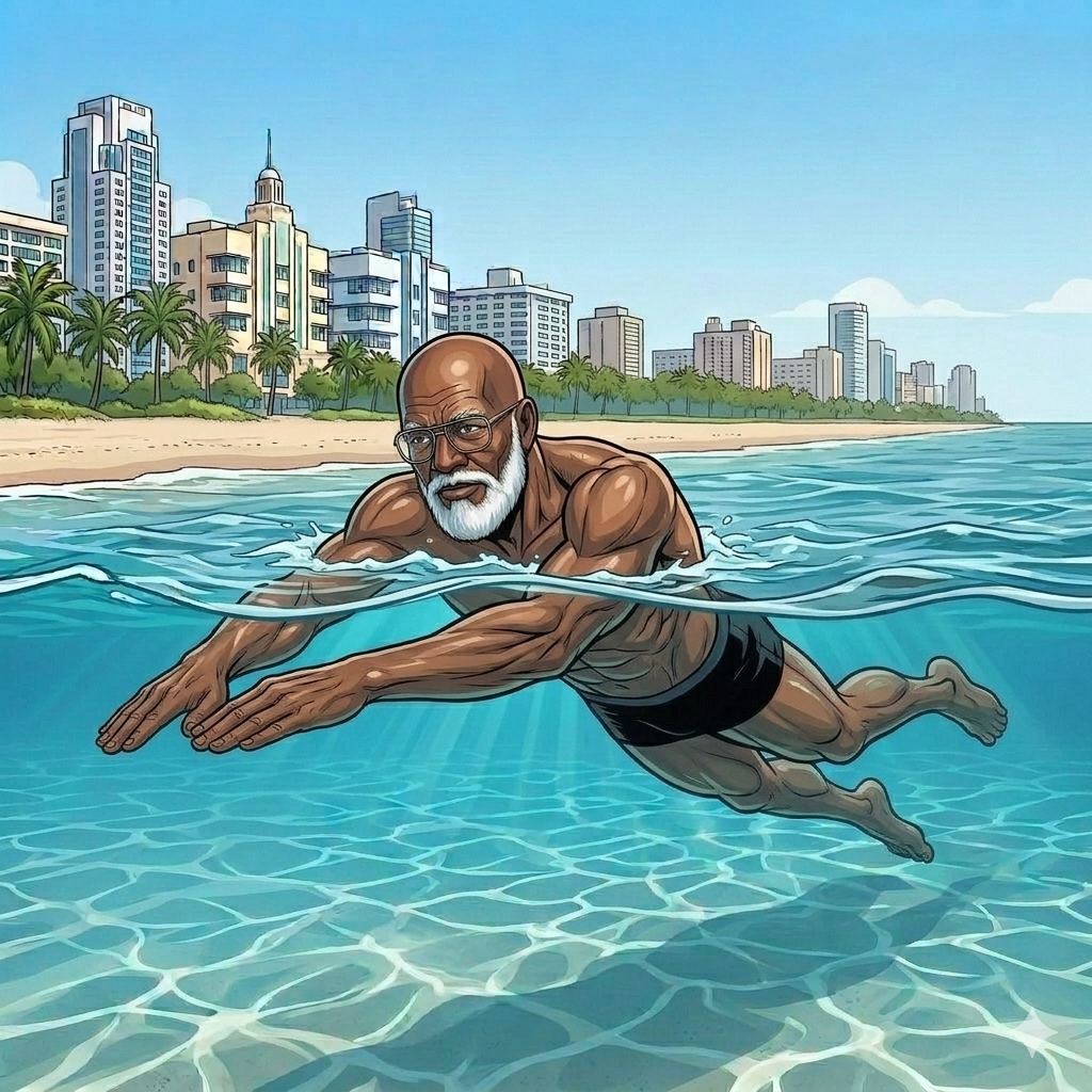 Comic‑book style illustration of the Endless Summer Fitness male coach swimming freestyle in clear turquoise Miami Beach water, wearing white swim trunks, with palm trees and the Miami skyline in the background under bright natural daylight.