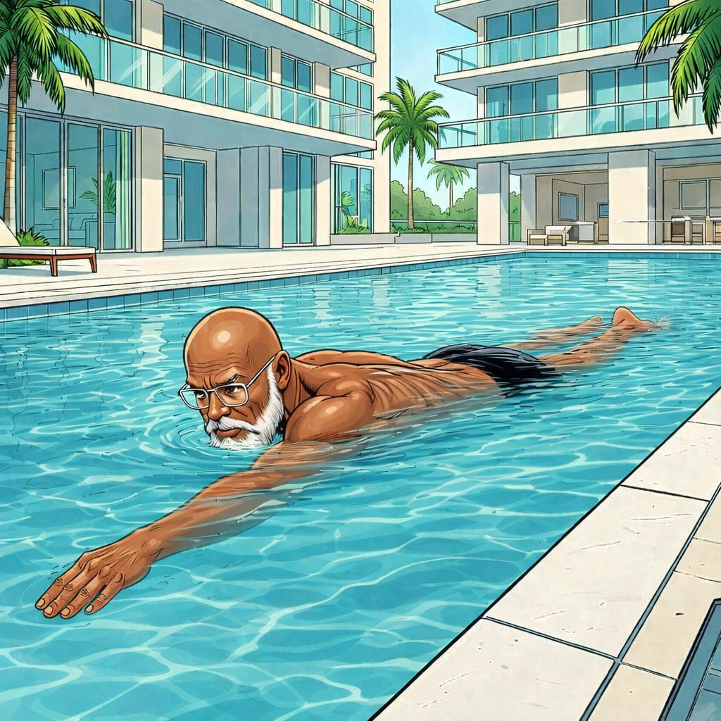 5 Best Swimming Spots in Miami for Low-Impact Cardio. Comic‑book style illustration of the Endless Summer Fitness male coach swimming a smooth, relaxed freestyle in a large luxury condo pool, wearing black swim trunks, with bright Miami sunlight reflecting off the water and modern high‑rise buildings and palm trees in the background.