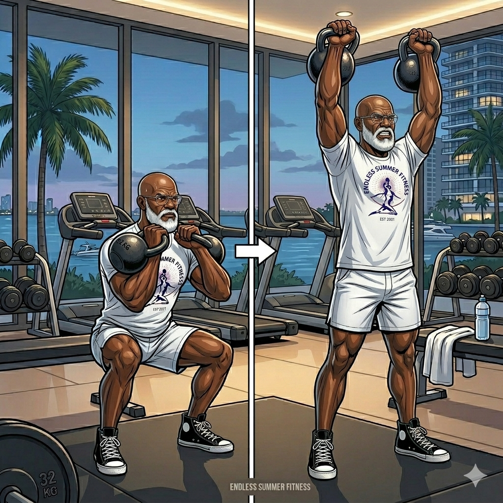 Functional Strength vs Muscle Mass: What You Actually Need. Two Arm Kettlebell Front Rack Squat → Press. ESF Coach performing the exercise in a Miami condo gym. 