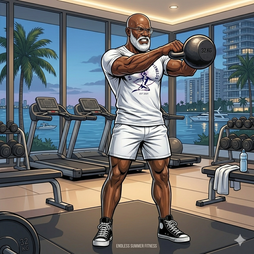Kettlebell Swings. ESF Coach doing kettlebell swings in a Miami condo gym.