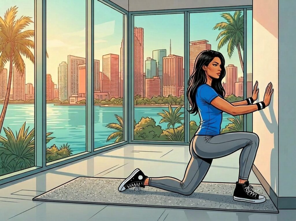 Athlete. Ankle mobility stretch in Miami gym improving squat depth and stability in a Miami hybrid‑fitness setting