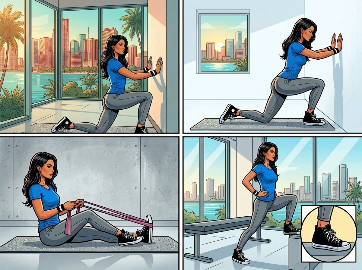 Improve Ankle Mobility: Top-Left Panel: Wall-supported dynamic calf stretch (focusing on the back leg gastrocnemius muscle). Top-Right Panel: Wall-supported bent-knee calf stretch (focusing on the back leg soleus muscle). Bottom-Left Panel: Resisted ankle dorsiflexion using an elastic resistance band. Bottom-Right Panel: Elevated foot ankle mobilization / lunging calf stretch (focusing on ankle dorsiflexion range of motion).