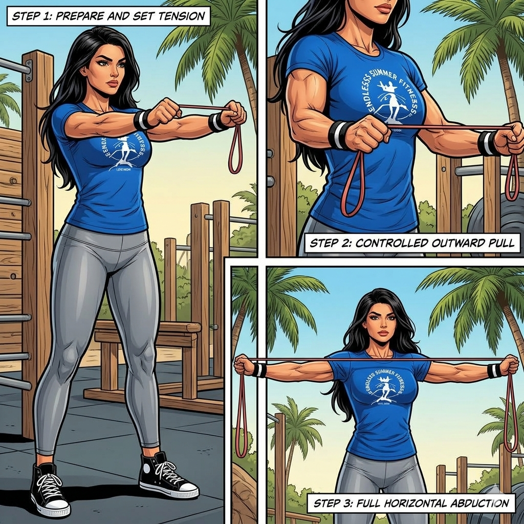 Three‑panel illustration of the Endless Summer Fitness coach demonstrating a resistance band pull‑apart sequence, showing arms extended forward, mid‑pull with shoulder blades engaged, and full pull‑apart with the band stretched wide.