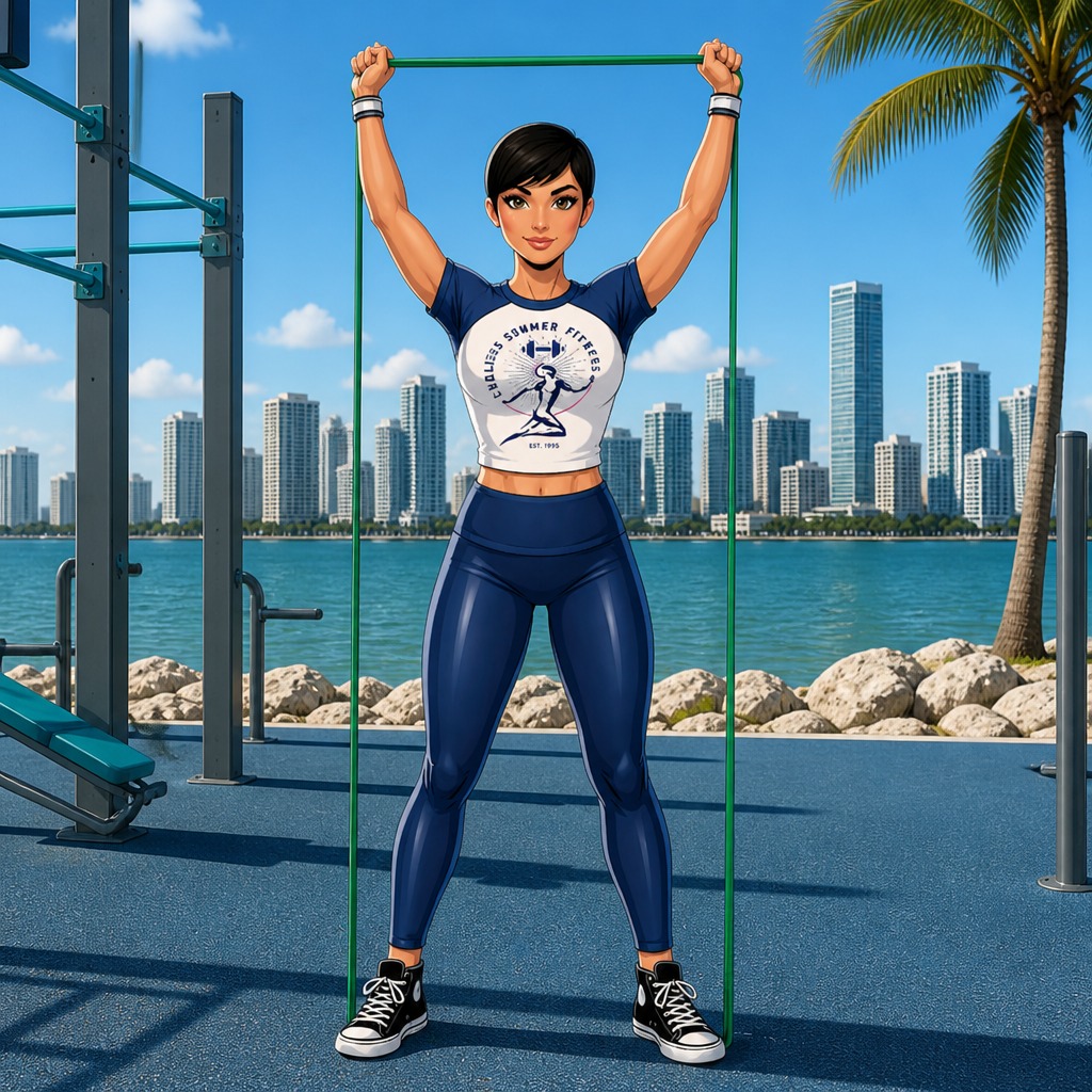 3-Band Exercises for a Productive Saturday. Fit woman performing a resistance band shoulder press outdoors in Miami, standing on a sunny waterfront walkway with palm trees and the city skyline in the background. She is lifting a green band overhead with strong posture and focused expression.