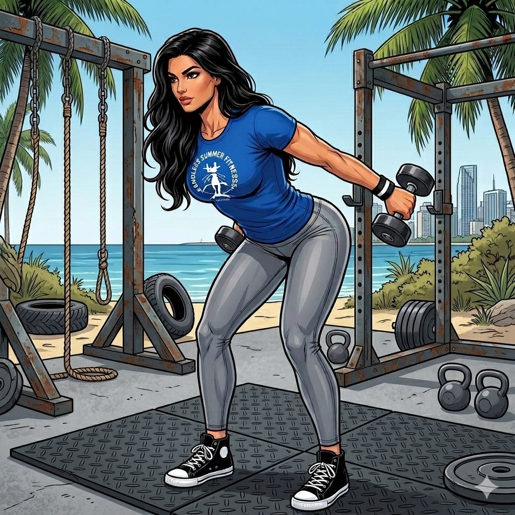 4‑Day No‑Gym Workout for Fast Transformation. illustration of the Endless Summer Fitness coach performing dumbbell triceps kickbacks on the Miami boardwalk, standing in a hip‑hinged position with a flat back, elbows pinned to her sides, and both arms extended behind her to show full triceps engagement.