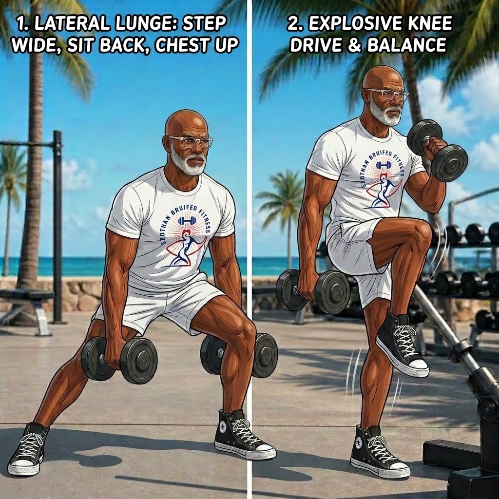 Strength Training After 40. Adults over 40 performing a suitcase deadlift and half-kneeling landmine press side by side in a Miami outdoor gym.
