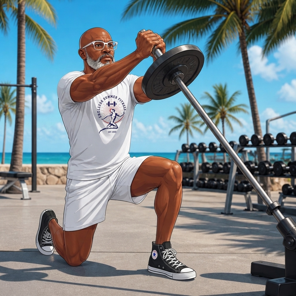 Strength Training After 40 Man over 40 performing a half-kneeling landmine press in a Miami outdoor gym.