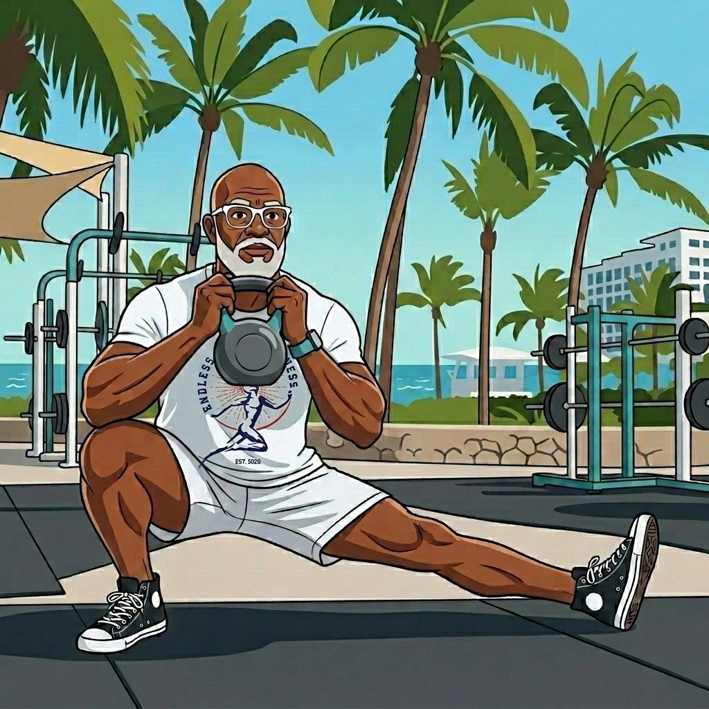 Strength Training After 40 Man over 40 performing functional hybrid strength training exercises in a Miami outdoor gym.