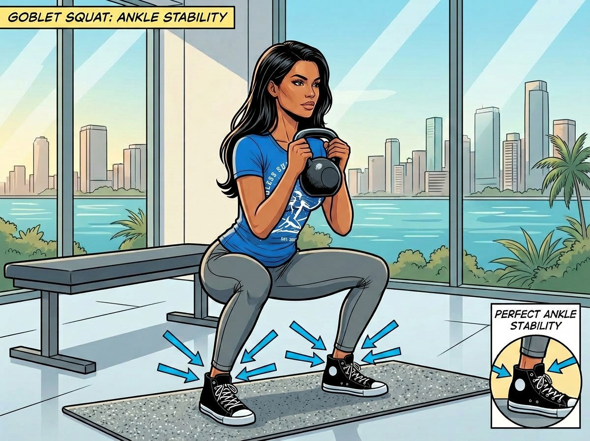 Improve Ankle Mobility. Female athlete performing a goblet squat with strong ankle mobility, deep squat depth, and stable hybrid‑fitness form