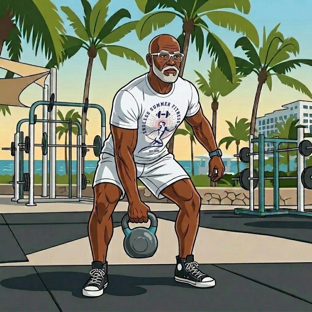 Strength Training After 40 Man over 40 performing functional hybrid strength training exercises in a Miami outdoor gym.