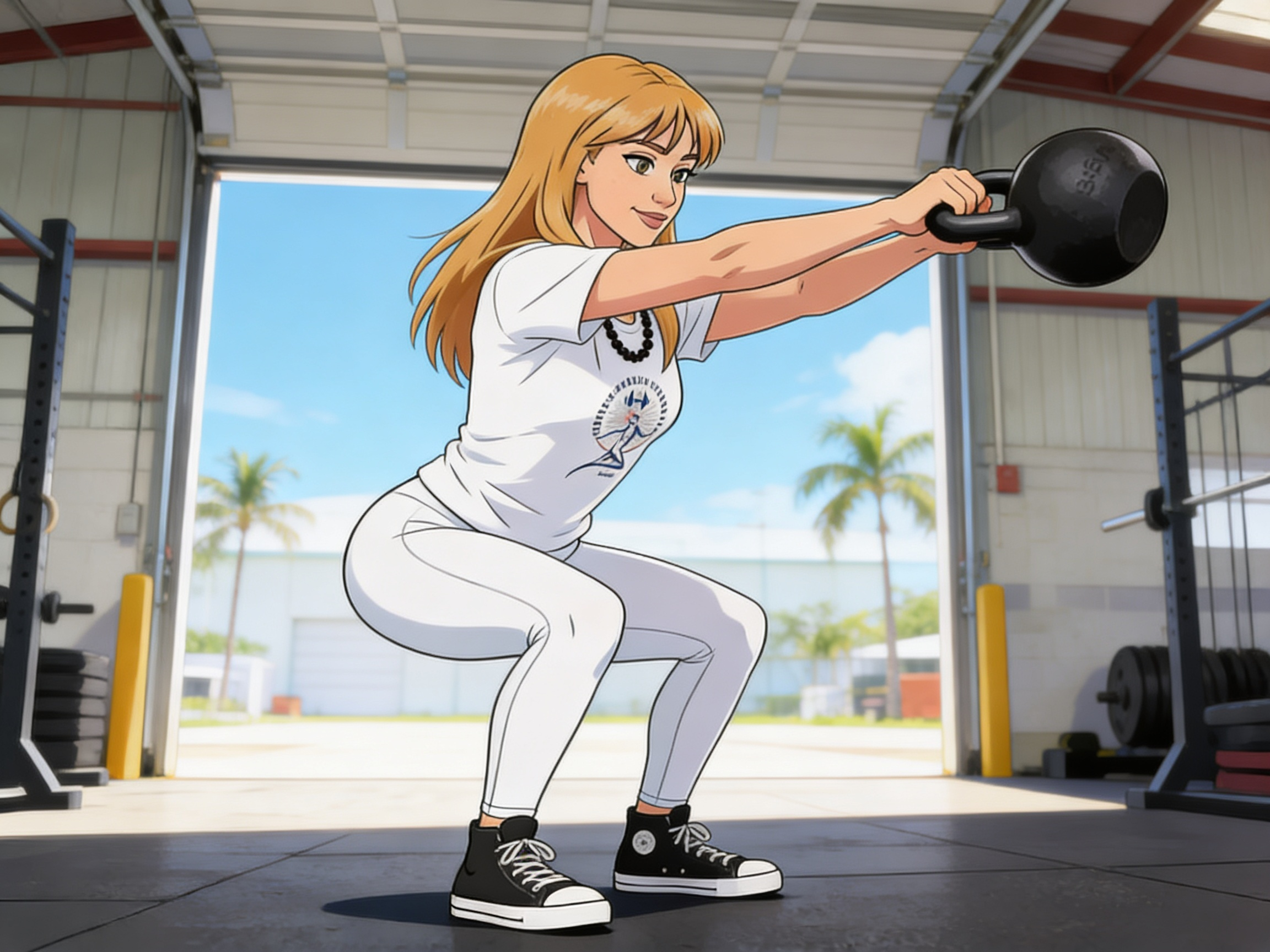 A hybrid athlete performing a powerful Kettlebell Swing with a strong hip hinge and controlled arc, demonstrating one of the best compound exercises for building posterior‑chain strength, core stability, and real‑life athletic power.
