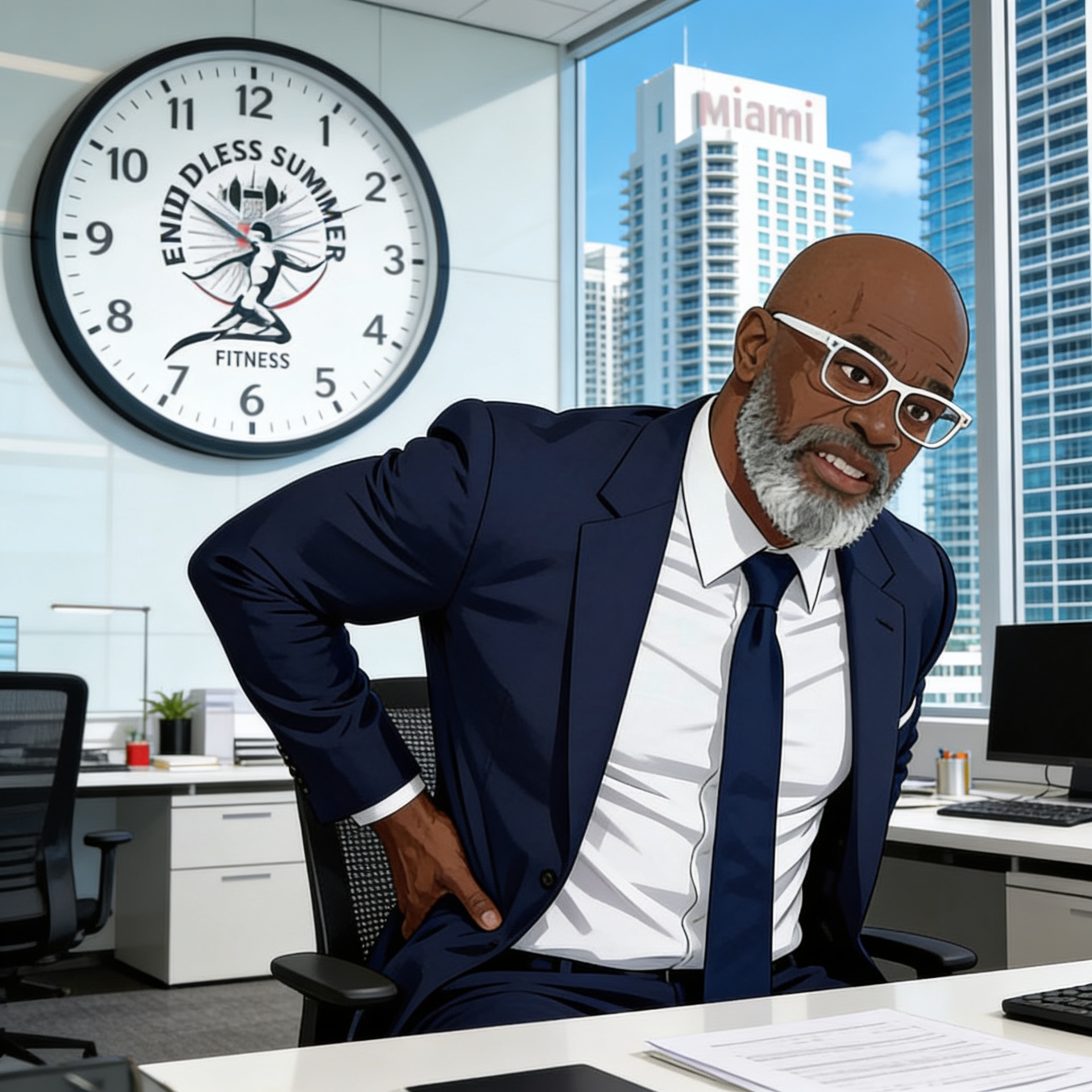 Man sitting at his office desk with one hand on his lower back, wincing in discomfort from chronic pain while working on his computer