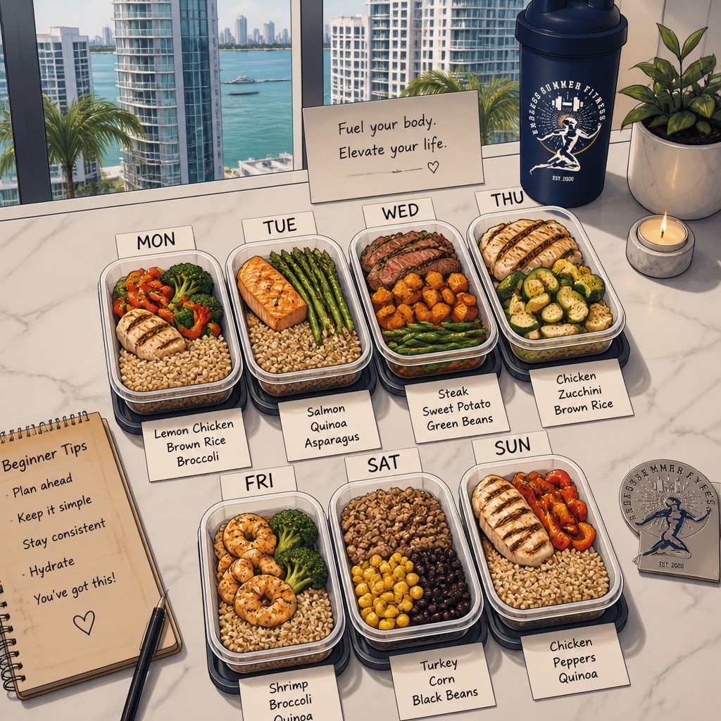 Meal Prep for Beginners. Hybrid athlete cooking high protein meals with colorful produce for weekly prep