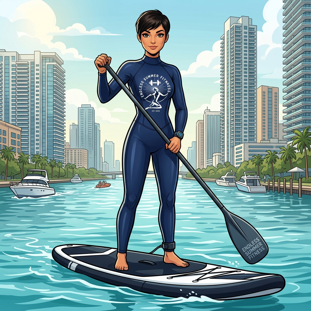 A woman paddleboarding on a river with the Miami city skyline in the background, wearing a long-sleeve rash guard that says "Endless Summer Fitness."
