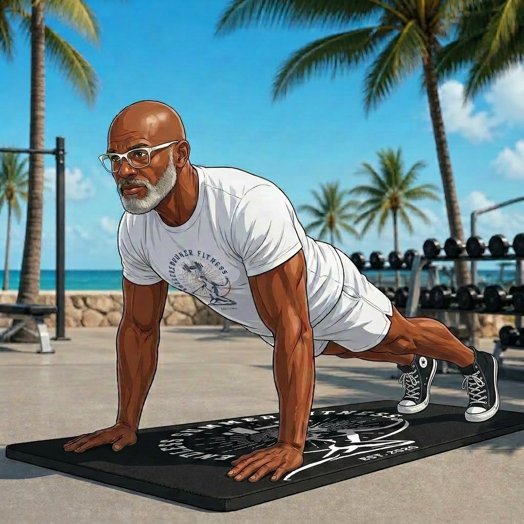 Full-Body Strength Training. Core‑strength plank variation for full‑body training at an outdoor tropical gym.