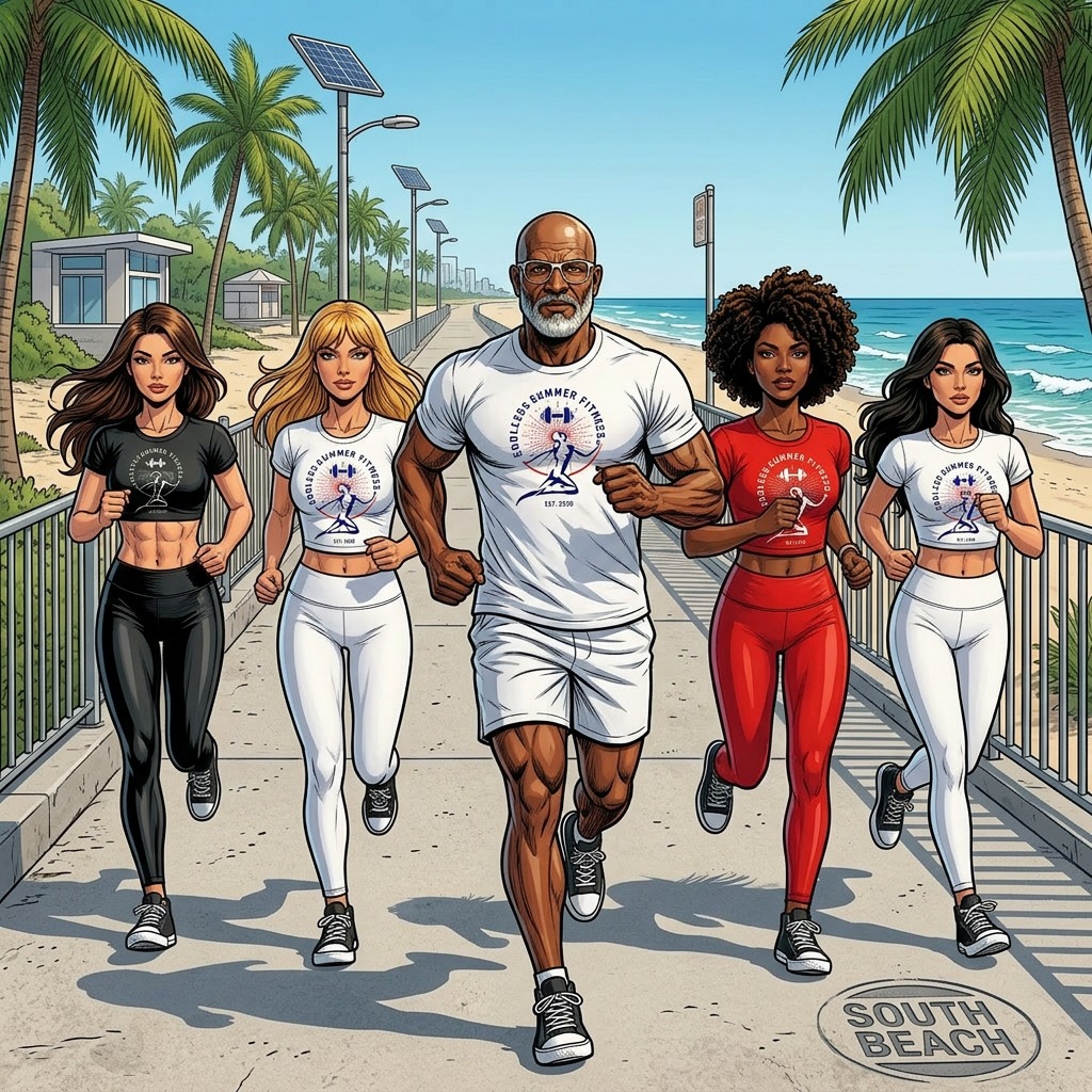 A group athletes jogging along the Mimi Beach Beachwalk.