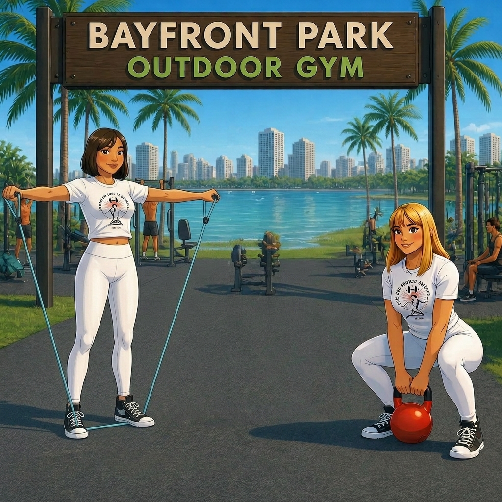 4‑Day No‑Gym Workout Two Endless Summer Fitness athletes exercising at Bayfront Park Outdoor Gym with kettlebell and resistance bands near the waterfront.