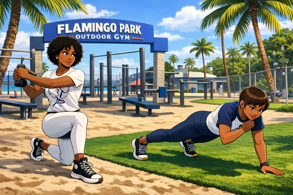 4‑Day No‑Gym Workout Two women performing reverse lunge and plank‑to‑shoulder‑tap at Flamingo Park Outdoor Gym surrounded by palm trees and fitness bars.