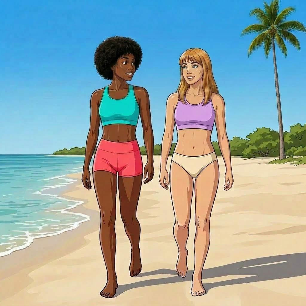 Boost Metabolism in 20 Minutes Woman briskly walking barefoot along the bright Miami shoreline