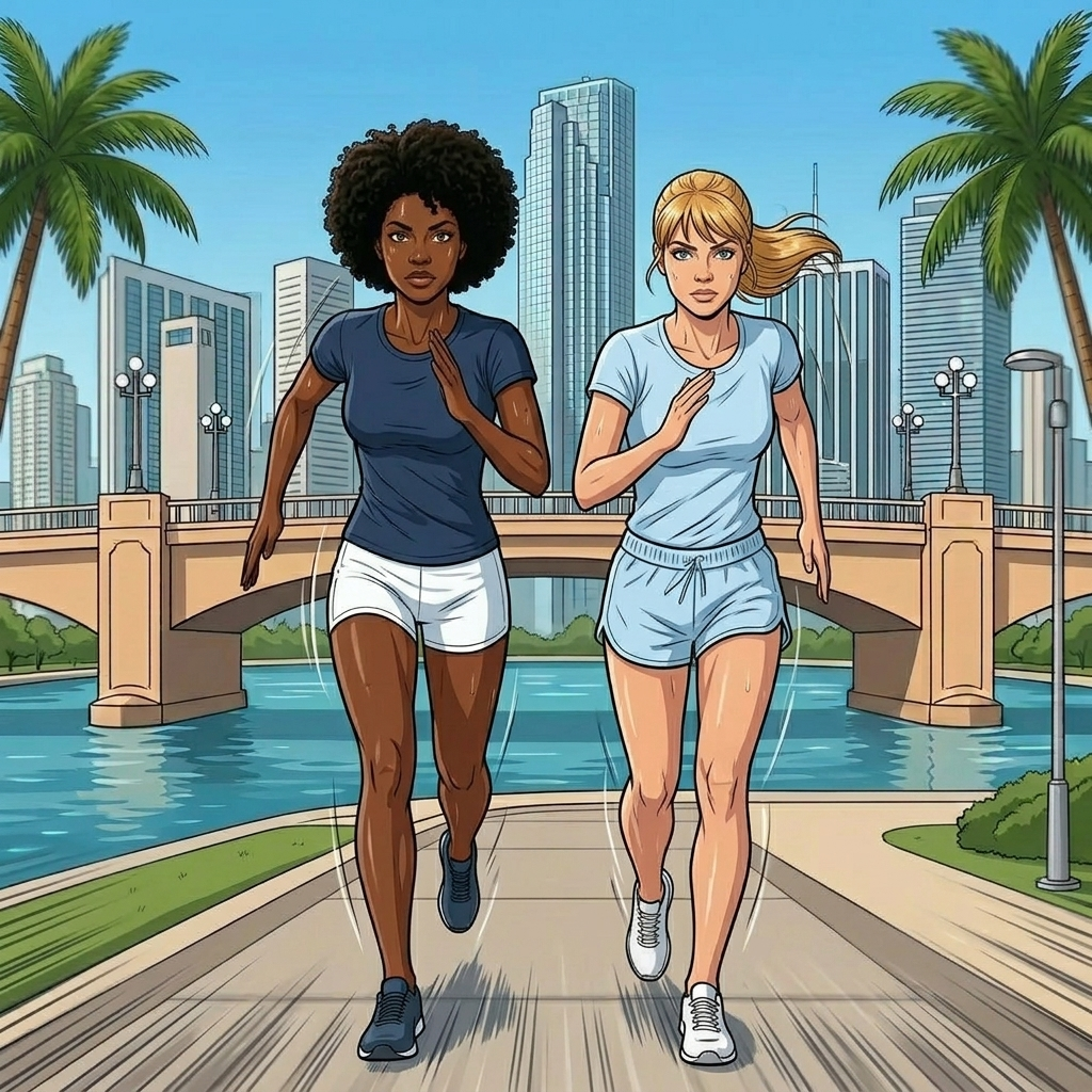 Boost Metabolism in 20 Minutes Woman walking at a steady pace along a bright Miami waterfront trail