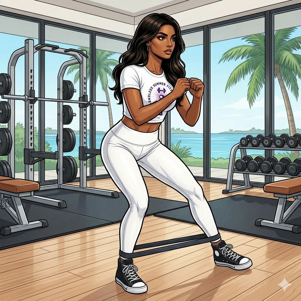 No-Run Endurance. The ESF female coach, wearing a white cropped T‑shirt with a circular emblem, white leggings, and black high‑top sneakers, performs a band‑resisted lateral walk in a luxury Miami home gym. She stands in an athletic stance with a resistance band around her lower legs, knees softly bent, core braced, and steps sideways against the band’s tension. Bright natural sunlight fills the room through floor‑to‑ceiling windows overlooking palm trees and Biscayne Bay.