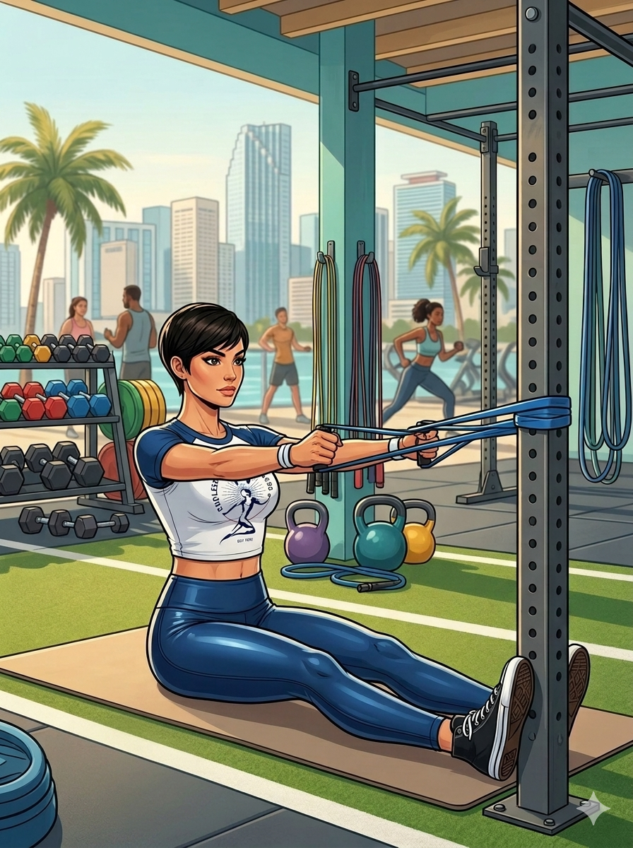 Hybrid Training Workouts. A woman sits on a mat performing seated resistance‑band rows, pulling a band tied to the pole of a squat rack in a Miami outdoor gym with kettlebells, dumbbells, and other people training nearby.