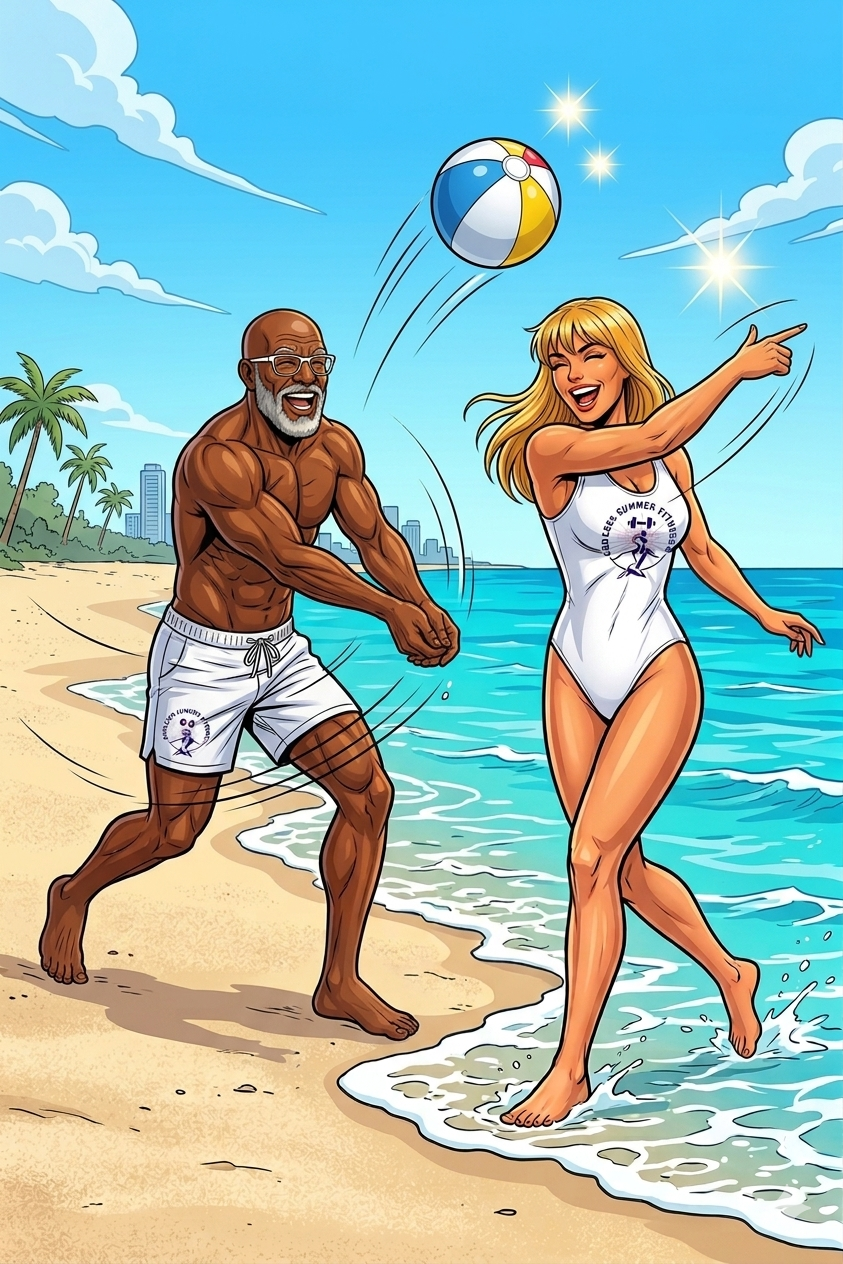 7 Top Exercises to Slow Aging Now!. Comic‑style illustration of two Endless Summer Fitness coaches playing paddleball at the water’s edge on a sunny Miami beach. The male coach, bald with a gray beard and glasses, wears white ESF shorts with a round logo. The female coach, with straight blonde hair, wears a white one‑piece ESF swimsuit with a round logo. Both are mid‑action with paddles in hand as small waves reach the shoreline behind them.