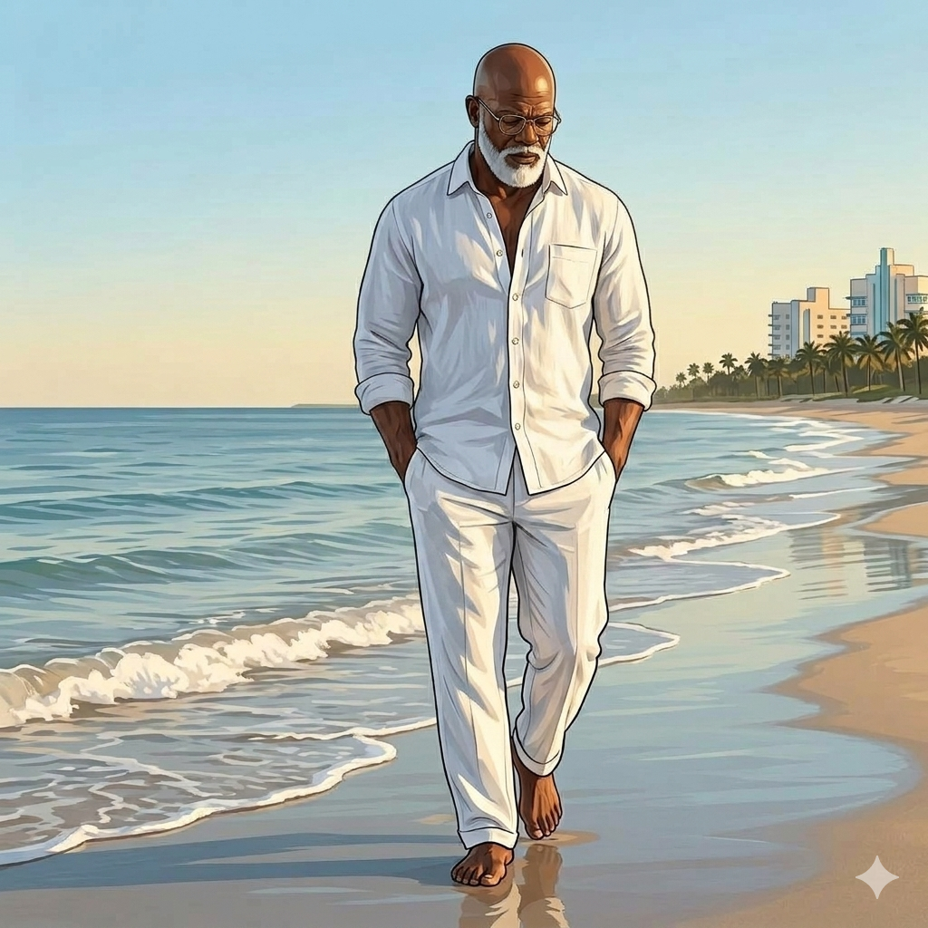 Chronic Illness. An older, muscular bald man with a white beard walks barefoot along the Miami shoreline at sunrise, wearing an all‑white linen shirt and loose white linen pants, head slightly down in quiet reflection.