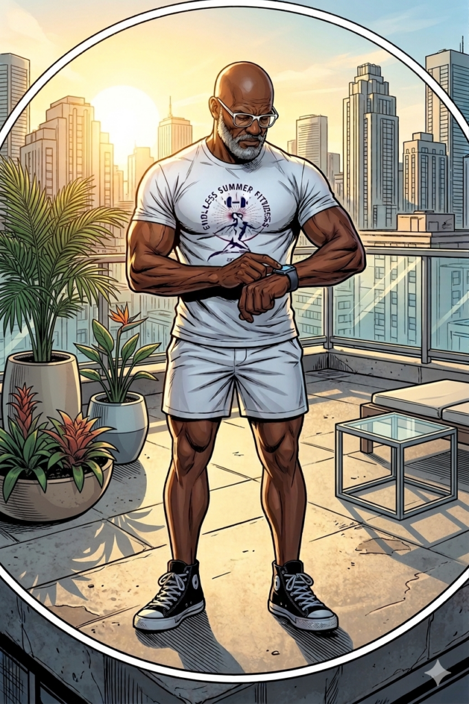 Fitness Health Restart. Detailed comic art of ESF founder on a Miami rooftop, starting a trainer health restart.