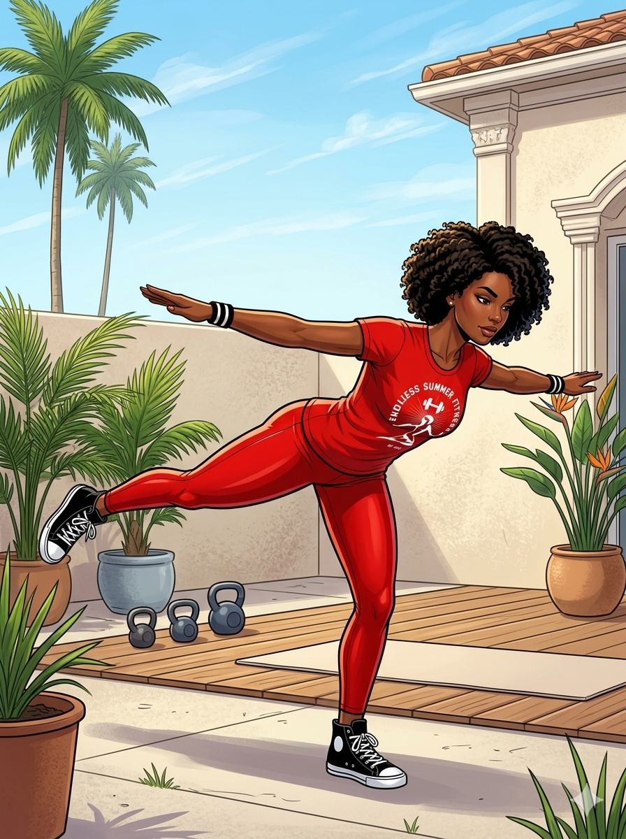 Explosive Mobility Secrets. “Athletic woman balancing on one leg in a hip airplane, hips square, torso rotating under control to show dynamic hip stability and glute engagement.