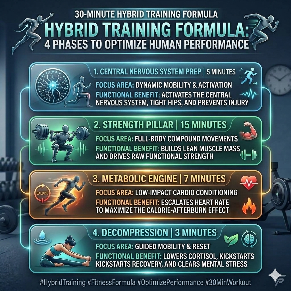 30-Min Hybrid Fitness. Infographic outlining a 30‑minute hybrid training formula with four phases: a 5‑minute central nervous system prep for mobility and activation, a 15‑minute strength pillar using full‑body compound movements, a 7‑minute metabolic engine for low‑impact cardio conditioning, and a 3‑minute decompression phase for guided mobility and recovery.