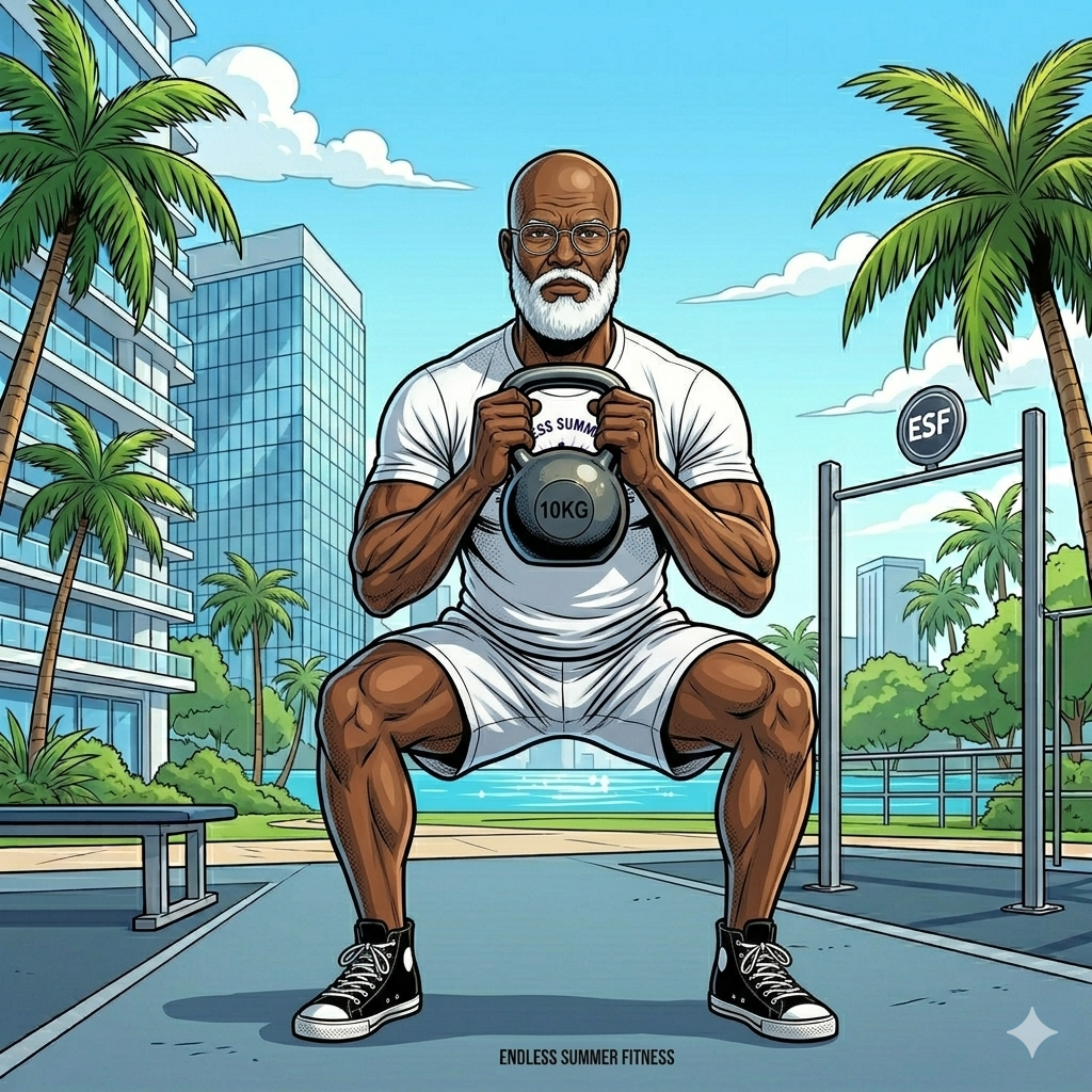 build lean muscle after 40. Flawless deep squat form on a Miami waterfront lawn for joint health