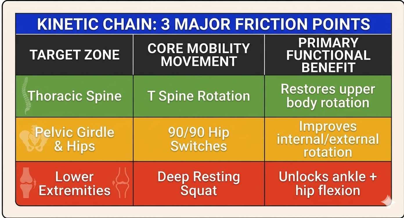 dynamic mobility exercises. Color‑coded mobility chart showing three kinetic‑chain friction points: thoracic spine with T‑spine rotation to restore upper‑body rotation, pelvic girdle and hips with 90/90 hip switches to improve internal and external rotation, and lower extremities with a deep resting squat to unlock ankle and hip flexion.