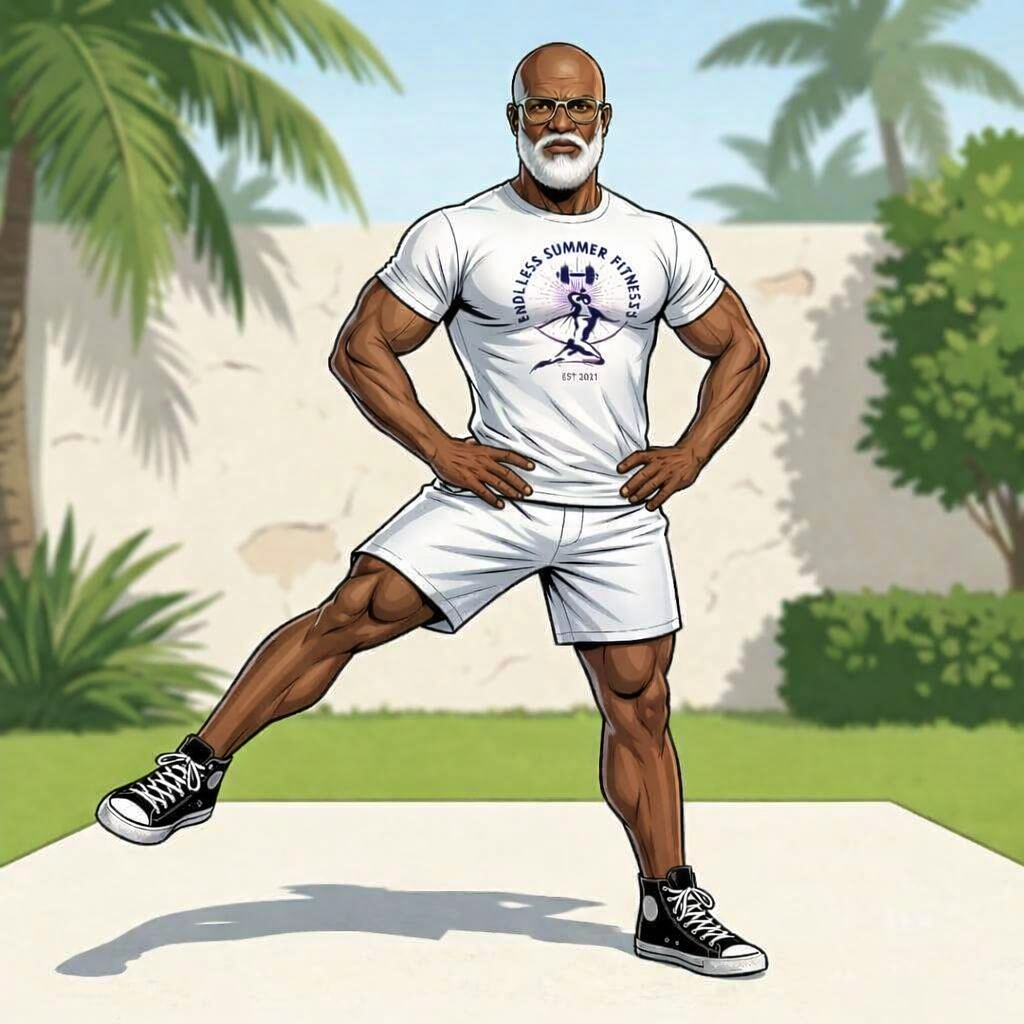Mobility After 60. Older male fitness coach with white beard performing standing leg swing outdoors in a bright Miami backyard, wearing Endless Summer Fitness logo shirt.