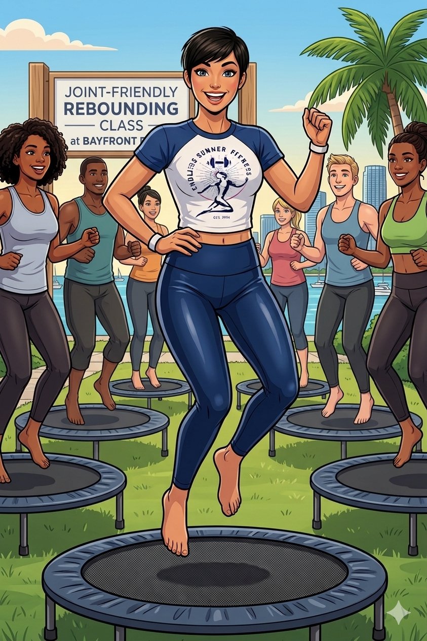 Beginner Fitness Events. A group in a mini trampoline group glass. 