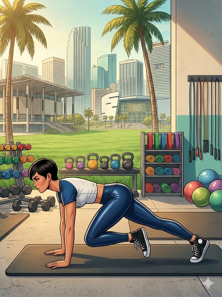 Hybrid Training Workouts. A woman performs mountain climbers on a mat at an outdoor Miami gym, surrounded by organized dumbbells, kettlebells, resistance bands, and palm trees with the city skyline in the background.