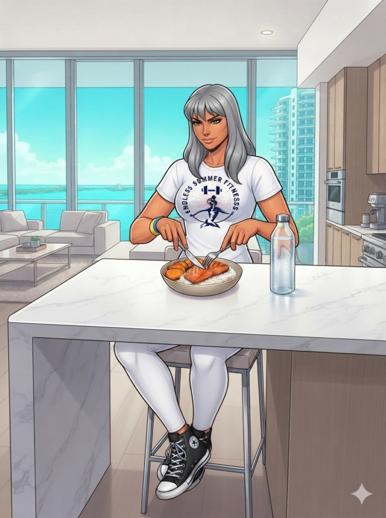 A clean, bright comic-book illustration of an athletic female coach with long grey hair sitting on a high stool at a marble kitchen island in a luxury high-rise Miami apartment. She is wearing a white T-shirt featuring a circular "Endless Summer Fitness" logo, tight white leggings, blue and yellow wristbands, and black high-top Chuck Taylor sneakers. She is actively eating a post-workout meal of grilled salmon, white rice, and sweet potatoes from a bowl using a knife and fork. On the white counter next to her is a clear water bottle. Large floor-to-ceiling windows in the background reveal a bright turquoise sky, water, and distant buildings.
