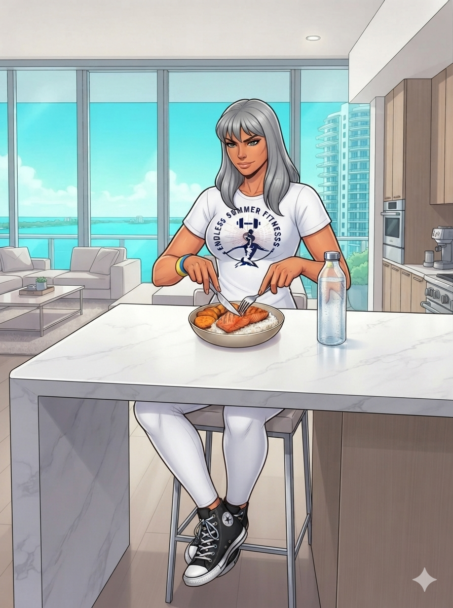 A clean, bright comic-book illustration of an athletic female coach with long grey hair sitting on a high stool at a marble kitchen island in a luxury high-rise Miami apartment. She is wearing a white T-shirt featuring a circular "Endless Summer Fitness" logo, tight white leggings, blue and yellow wristbands, and black high-top Chuck Taylor sneakers. She is actively eating a post-workout meal of grilled salmon, white rice, and sweet potatoes from a bowl using a knife and fork. On the white counter next to her is a clear water bottle. Large floor-to-ceiling windows in the background reveal a bright turquoise sky, water, and distant buildings.