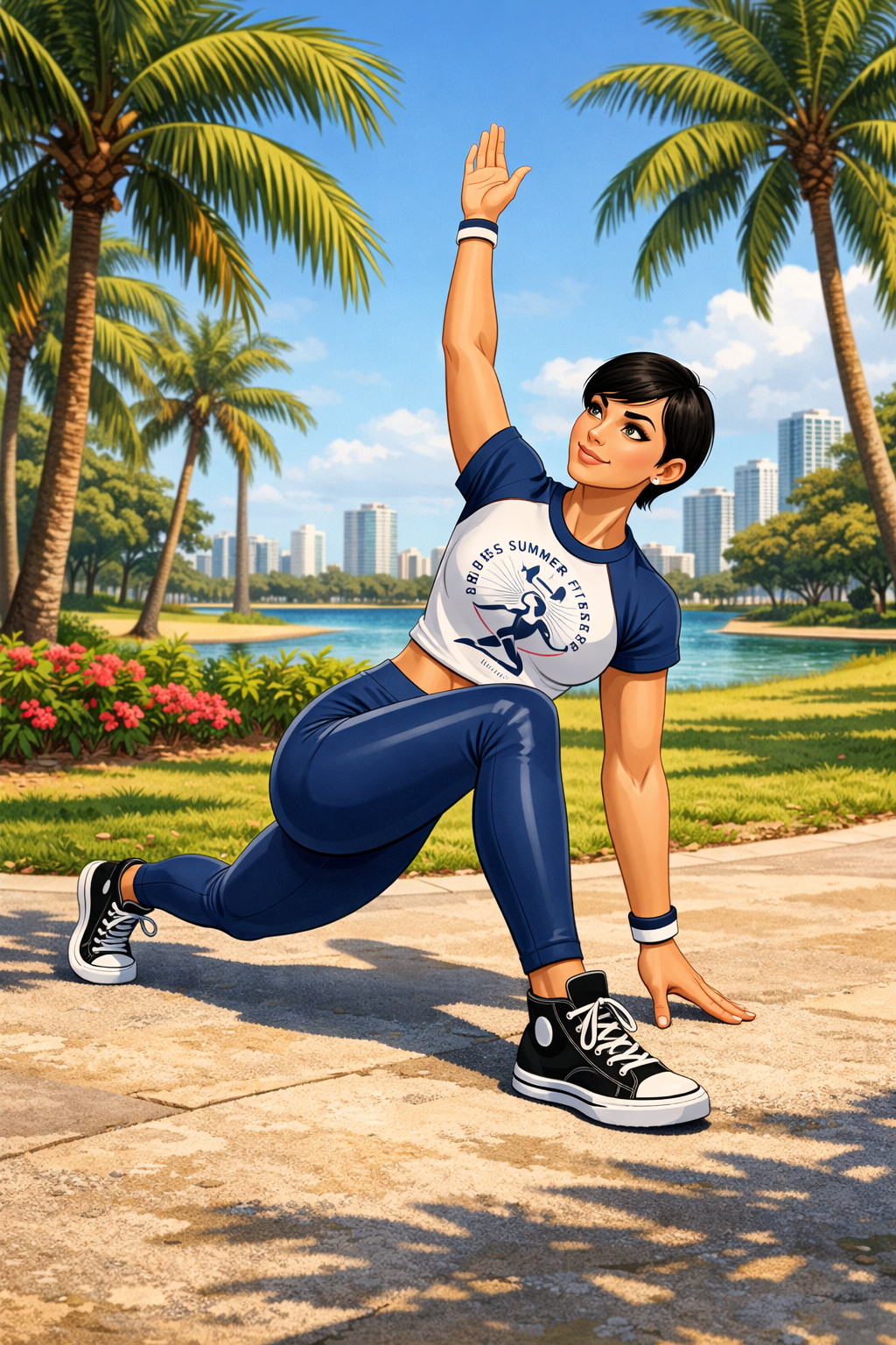 Beginner Fitness Events. An athlete in a Miami park performing a Revolved Lunge Twist.