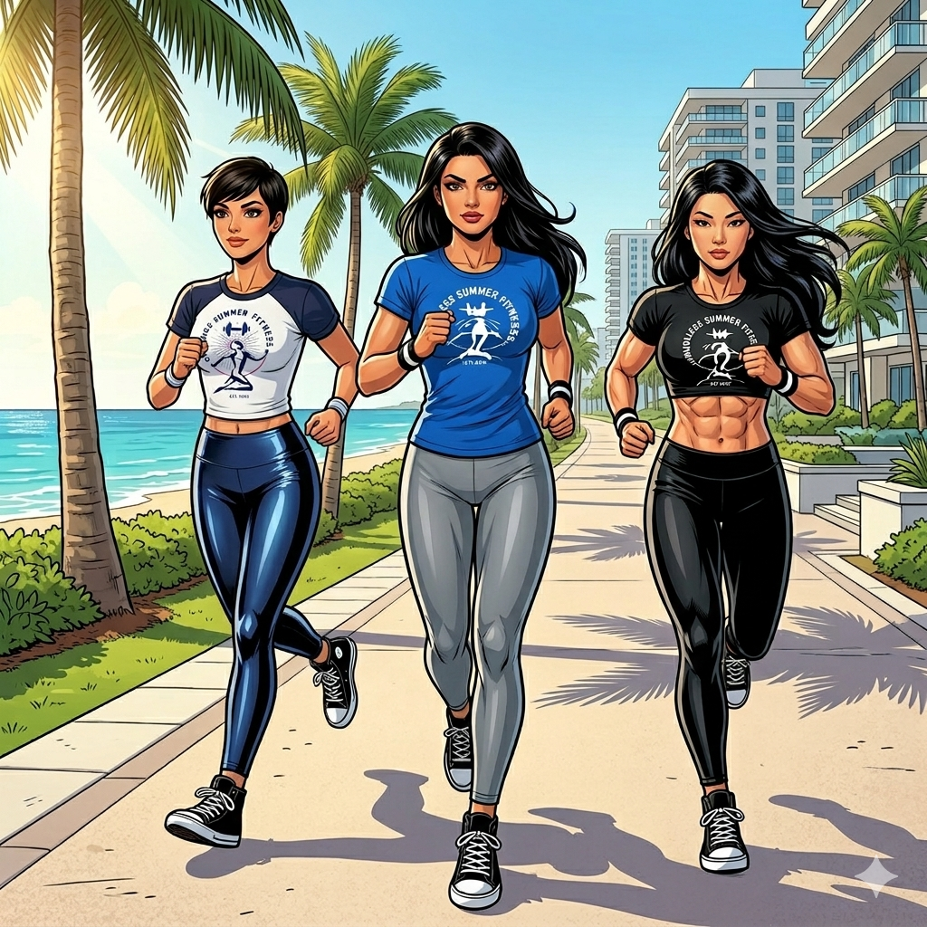 5 Scenic Running and Walking Routes in Miami. Comic-style illustration of three athletic women jogging together along a paved beachside boardwalk lined with palm trees and modern apartment buildings.