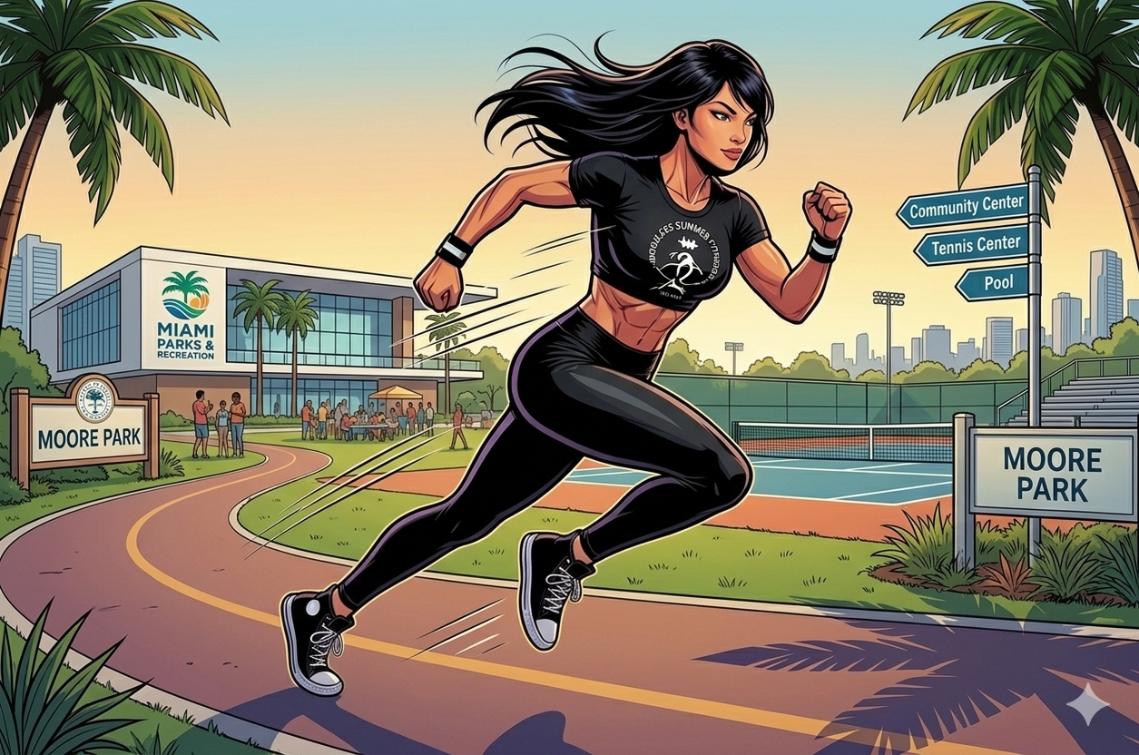 Burn Fat 2X Faster. ESF female coach sprinting on a sunny Miami boardwalk in animated comic‑book style.