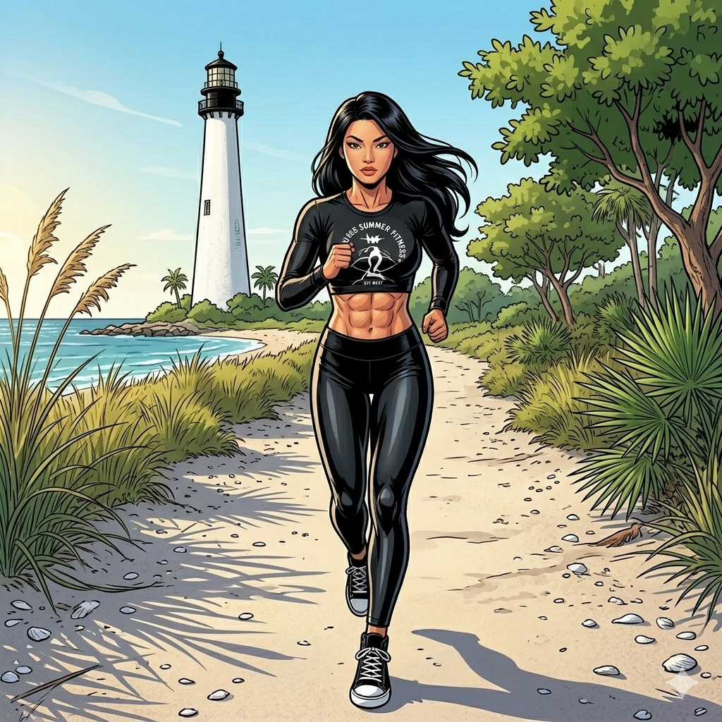 5 Scenic Running and Walking Routes in Miami. Comic-style illustration of a athletic woman with long black hair running on a sandy coastal trail, wearing a black crop top and leggings, with a white lighthouse and trees against a blue sky in the background.